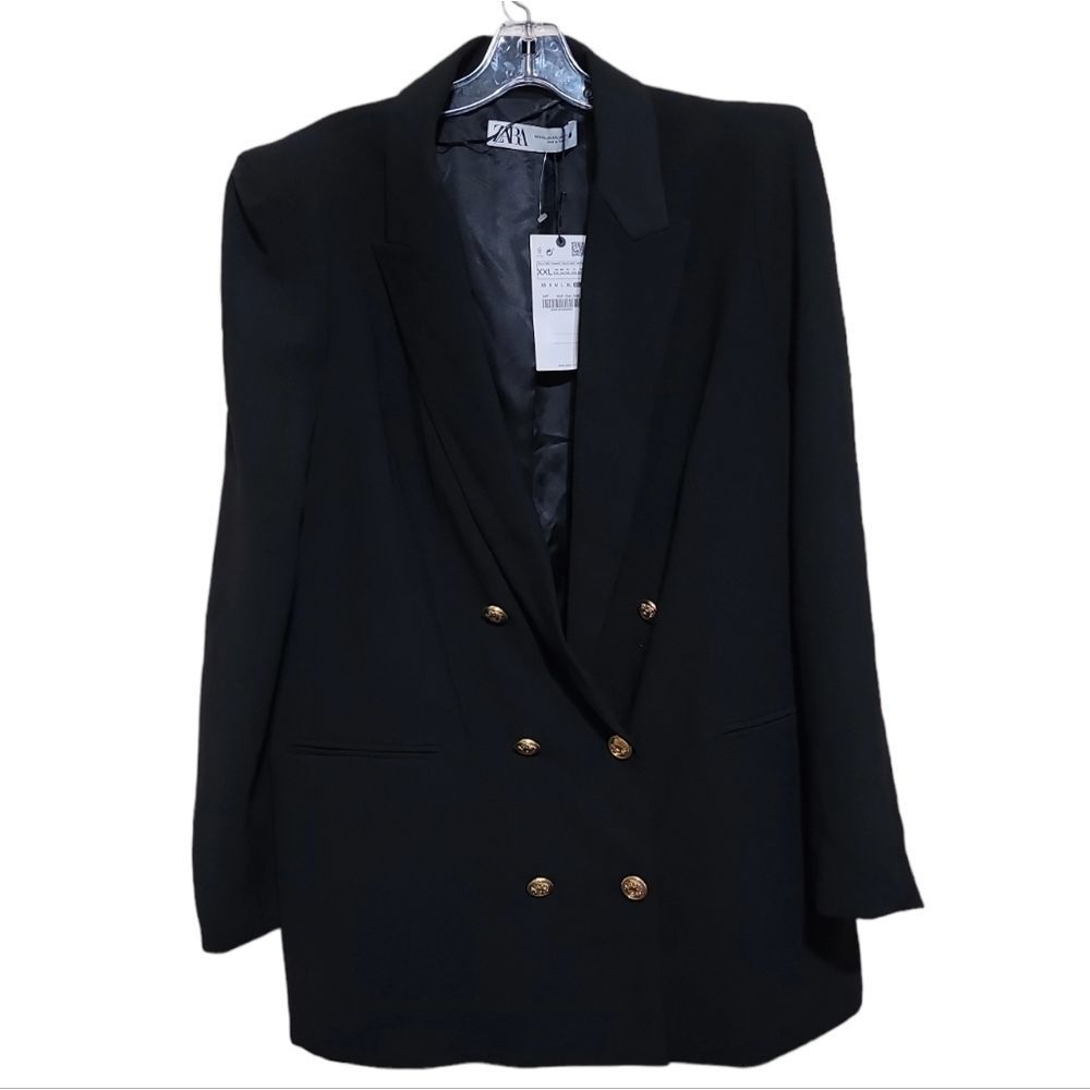 ZARA Black Padded Shoulder Double Breasted Blazer with Gold Buttons Sz XXL - Picture 5 of 12